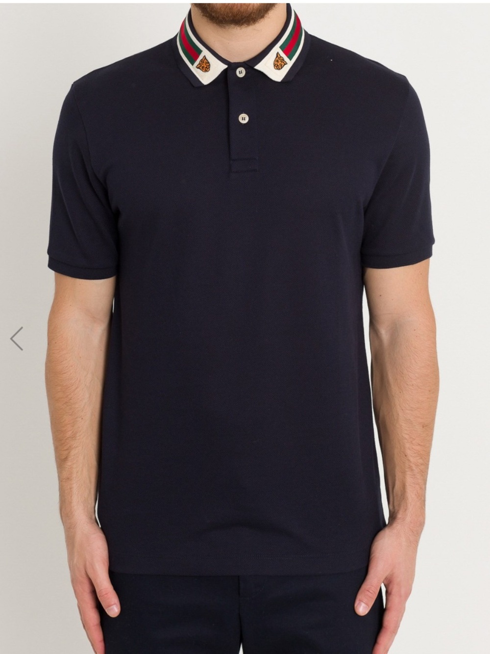 Gucci Navy Polo with Web and Tiger Collar Patches